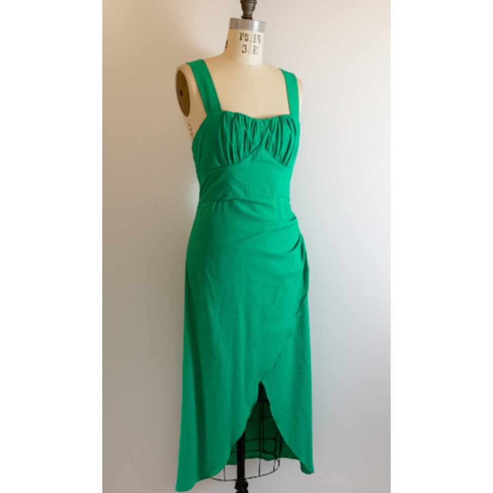 Zara Kelly Green Linen Blend Dress Size XS Midi Corset Slit Milkmaid Coquette